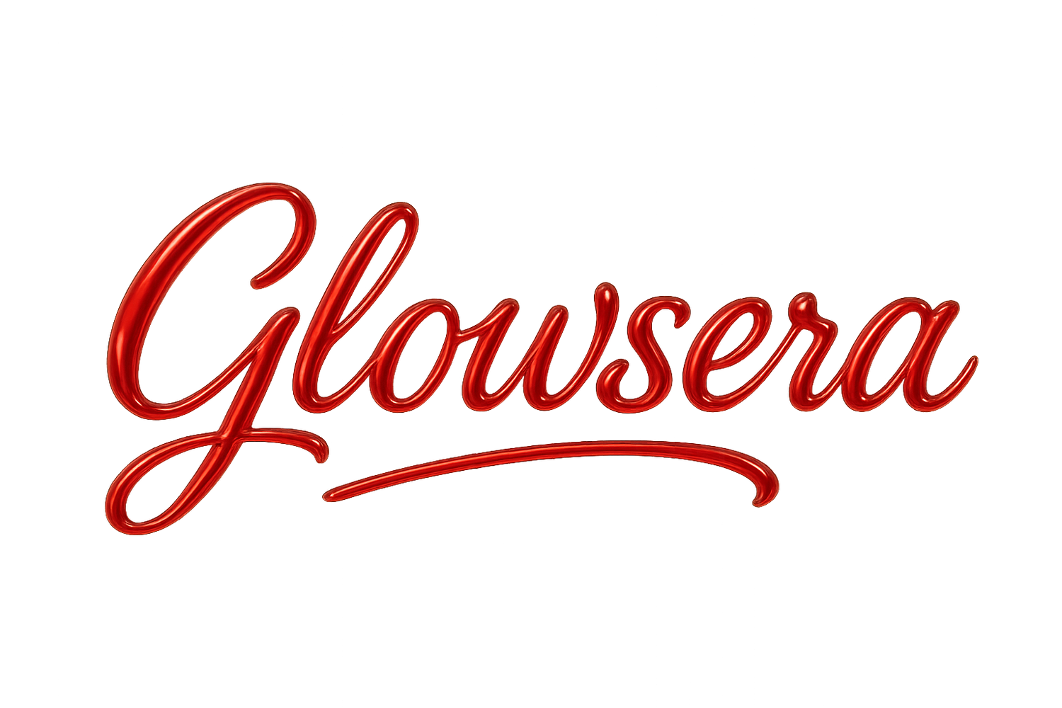 Je veux un logo pour ma marque GLOwSERA, en un seul mot avec un fond transparent.
> L’écriture doit ressembler à du gel tres brillant, comme si elle était écrite avec un gel de beauté.
> Utilise la police "Kissanti" ou une police manuscrite similaire, avec une couleur rouge élégante.
> Le rendu doit être futuriste, moderne, et donner une sensation de soin, cosmétique haut de gamme.
> Merci d'assurer une bonne lisibilité, même sur fond clair ou foncé.